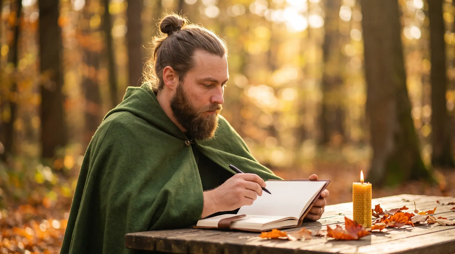 Nicolas écrit dans un carnet, en forêt, à côté d'une bougie